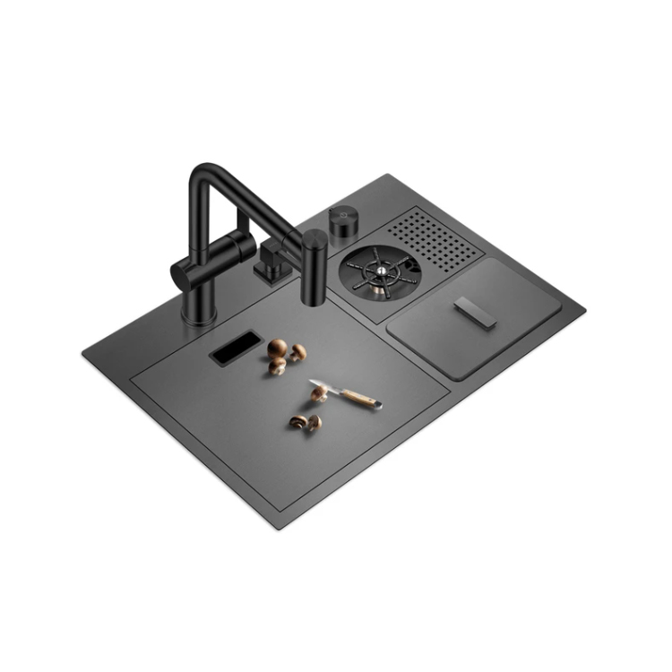 Stainless steel 304 PVD Black Topmount Hidden kitchen handmade single bowl sink with cover 6042