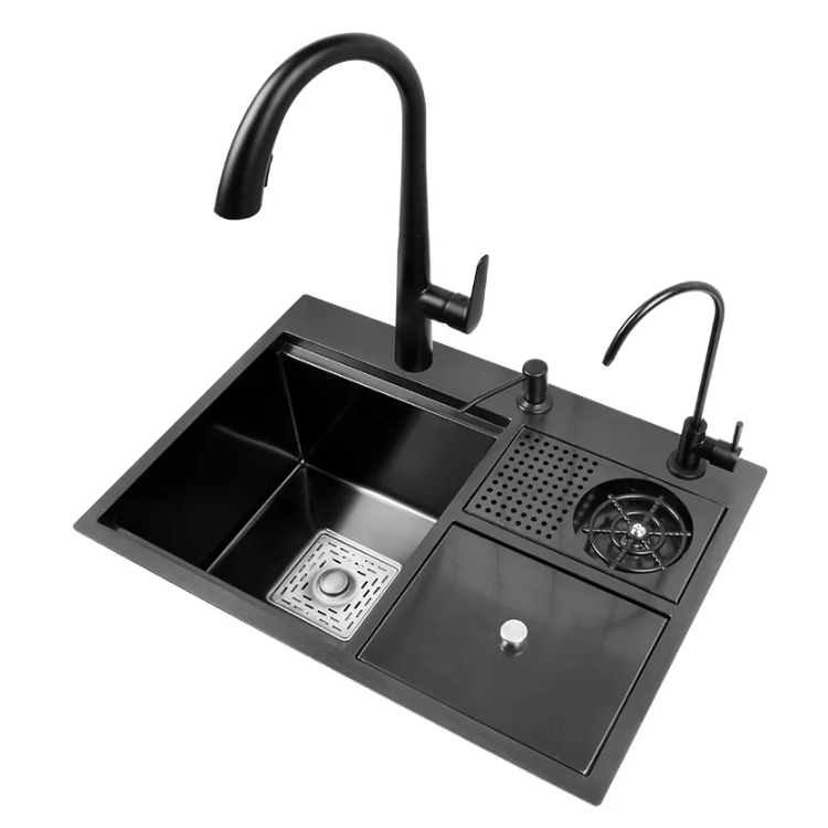 Stainless steel 304 PVD Black Topmount Hidden kitchen handmade single bowl sink with cover