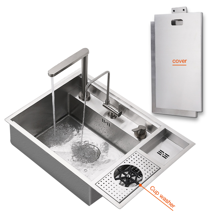 Stainless steel 304 Satin Topmount Hidden kitchen handmade single bowl sink with cover and cup washer