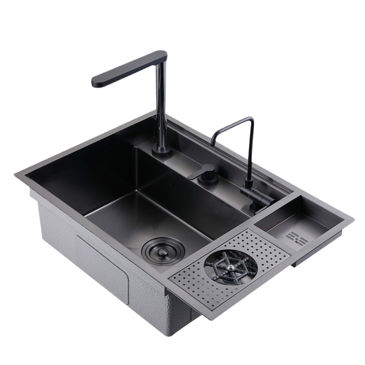 Stainless steel 304 Nano black Topmount Hidden kitchen handmade single bowl sink with cover and cup washer